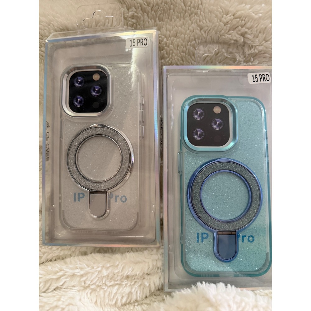 GF Case iPhone 15 Pro Glitter Magnetic Case with Kickstand Silver Teal 2 Pack